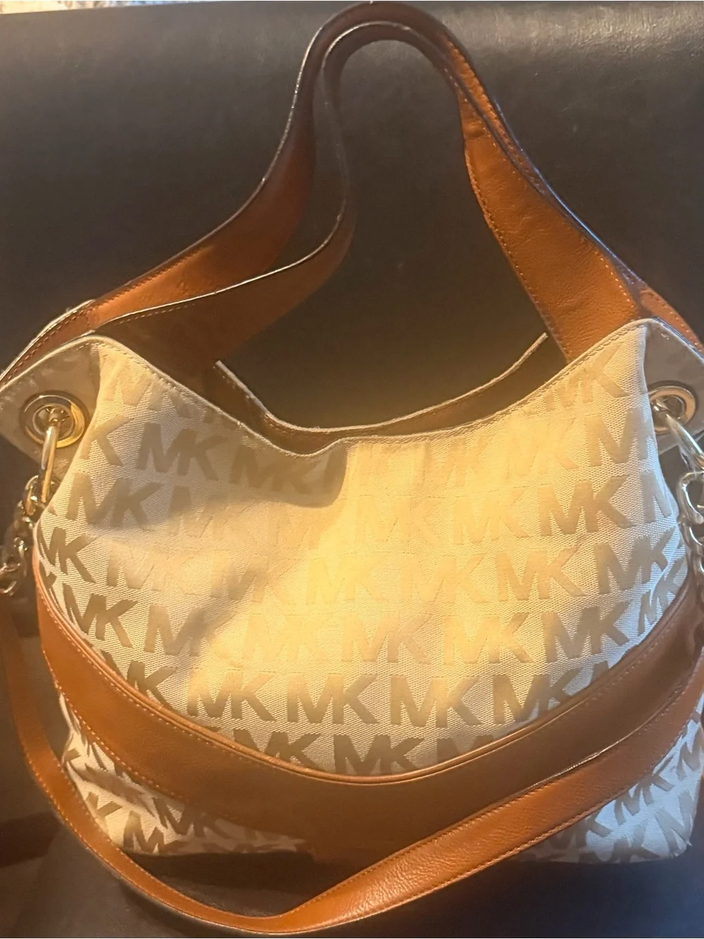 Michael Kors Jamesport Cream and Tan Logo Hobo Bag
